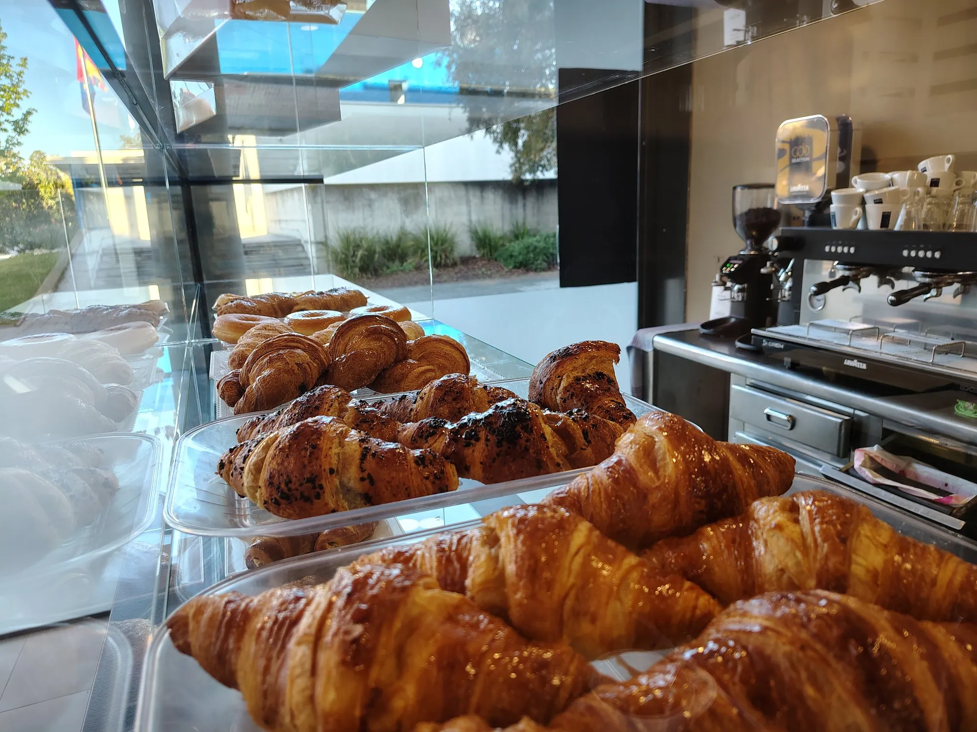 Croissants recién hechos en la vitrina, junto a la cafetera