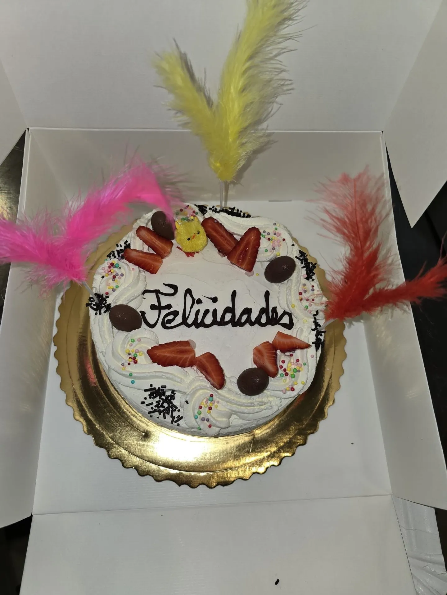 Mona de chocolate con plumas de colores y pollitos